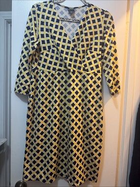 Covington Yellow and Black Geometric Wrap Midi Dress